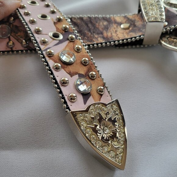 Blazin Roxx Ladies Rhinestone Pink & Brown Studded Leather Belt (Size: XL) - Picture 8 of 13